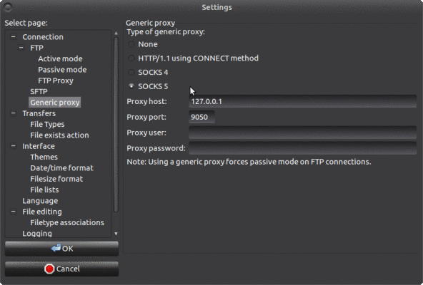 FileZilla Generic Proxy settings